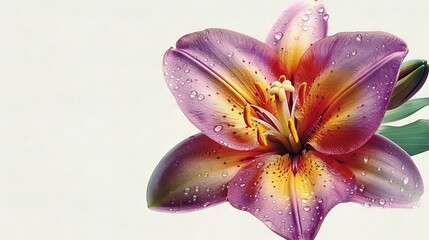 Fototapeta premium A close-up shot of a purple flower with water droplets and a green leaf protruding from its center