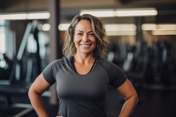 Fototapeta premium Smiling portrait of a middle aged slightly overweight woman in gym