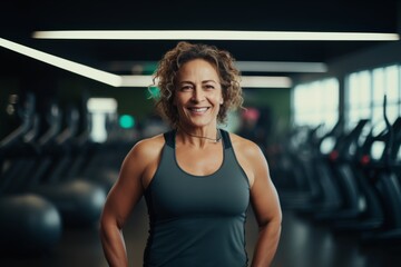 Fototapeta premium Smiling portrait of a middle aged slightly overweight woman in gym