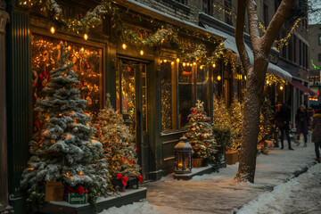 Christmas Storefronts on Snowy City Street, Festive Decorations and Holiday Lights, Winter Evening Scene.