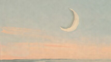   A half-moon painting in the sky over a body of water, against a backdrop of pink and blue
