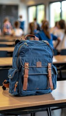 Vibrant school backpack on desk with classroom of children in backgroundback to school symbolism