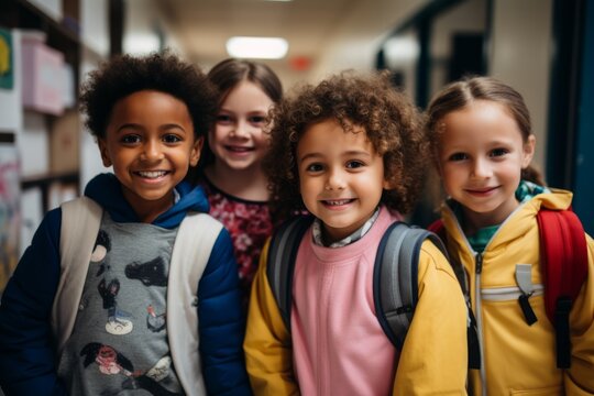 Portrait of diverse school kids in hallway