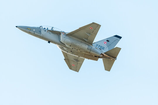 Leszno, Poland - June, 22, 2024: Antidotum Airshow Leszno, M-346 Bielik fighter. The pilot presents the plane in the air by performing effective maneuvers in the air.