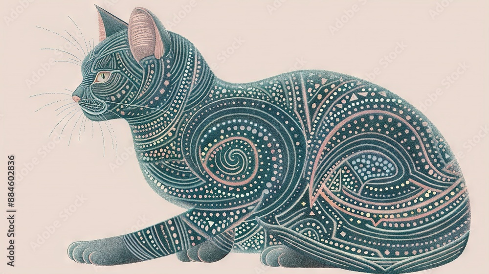 Poster draw a cat with a swirl pattern on its body and a cat's head