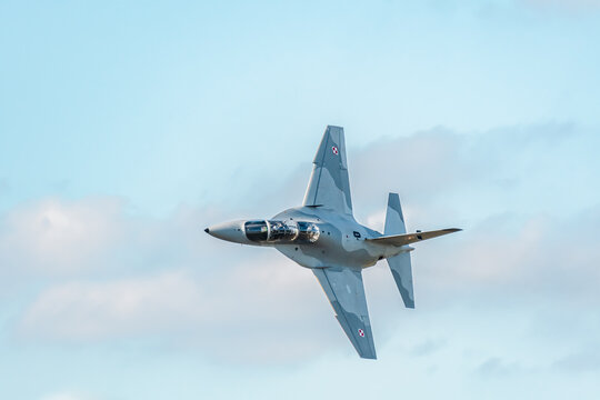 Leszno, Poland - June, 22, 2024: Antidotum Airshow Leszno, M-346 Bielik fighter. The pilot presents the plane in the air by performing effective maneuvers in the air.