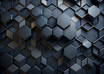 Dark modern abstract background composed of overlapping black geometric tiles in a random pattern, creating a visually striking and mesmerizing futuristic design element.