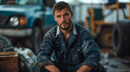 Charismatic a man auto mechanic с sits on a chair in a dark blue overall and repairs a car engine. Behind him is a dark blue pickup truck. There are traces of fuel oil on the face