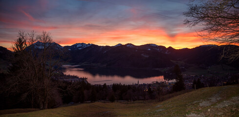 romantic nightly scenery tourist resort Schliersee, lake and mountains