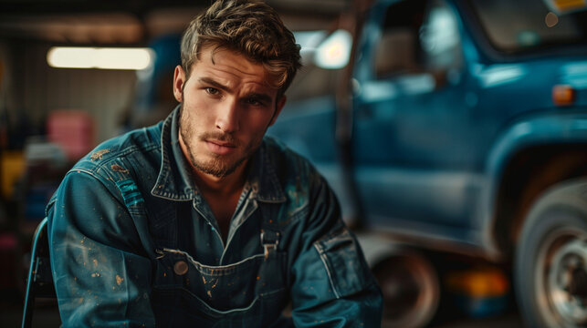 Charismatic a man auto mechanic с sits on a chair in a dark blue overall and repairs a car engine. Behind him is a dark blue pickup truck. There are traces of fuel oil on the face - Powered by Adobe