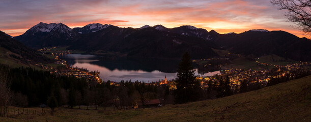 romantic nightly scenery tourist resort Schliersee, lake and mountains