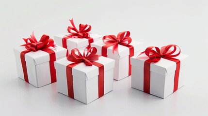 Obraz premium four white gift boxes adorned with vibrant red ribbons and bows, arranged on a clean, white background