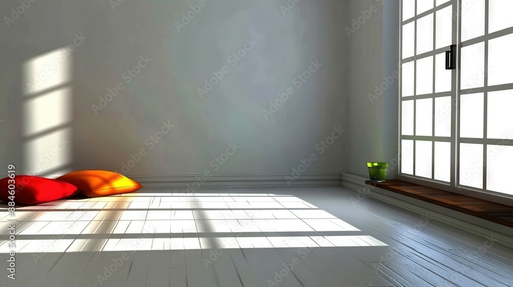 Poster   A room with three pillows on the floor in front of a window and a potted plant on the floor in front of the window