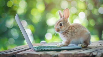 Adorable bunny with a small laptop on a spring green bokeh background. Tiny rabbit exploring a notebook on a wooden surface