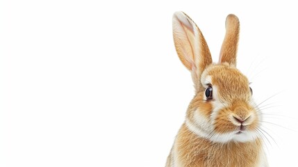 Fototapeta premium Curious rabbit with perked ears, looking at the camera, isolated on a white backdrop