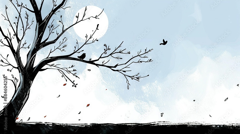 Poster painting of a tree with birds in the branches and a full moon in the background