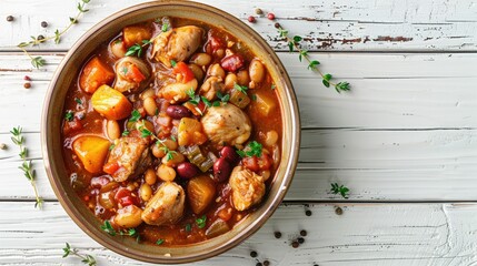 Delicious rabbit and bean stew served in a bowl on a white wooden table, flat lay composition