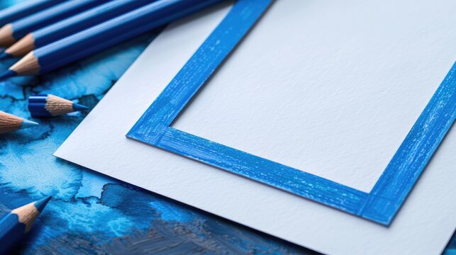 Hand drawn blue frame on white paper with Colleen colored pencils Created on Canson Fine Face Paper