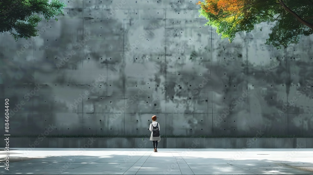 Poster a person stands before a wall with a tree in the foreground and a building behind