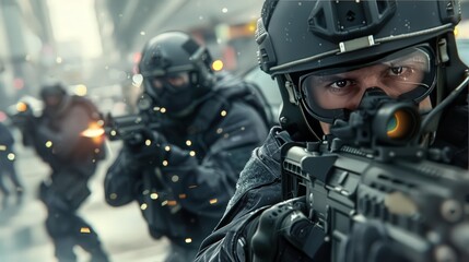 Obraz premium A soldiers are in a war zone. Scene is tense and serious, as the soldiers are in a dangerous situation