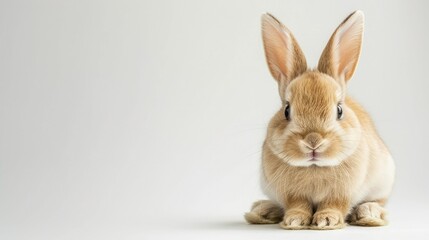 Fluffy bunny sitting and staring curiously at the camera, isolated on white