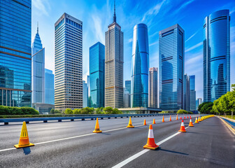 Naklejka premium Urban cityscape with empty streets and skyscrapers serves as a backdrop for a running race course, marked by blue and yellow traffic cones and signs.