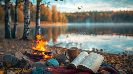 A cozy scene of an open book and a steaming cup of coffee on a blanket by a bonfire, set beside a tranquil lake with autumn trees in the background