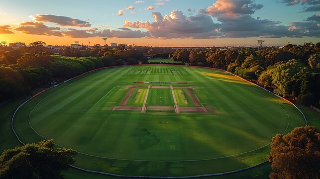 Aerial perspective of a cricket pitch layout, highlighting the green expanse of the field with pitch markings visible. Ideal for cricket strategy discussions and sports-themed content.