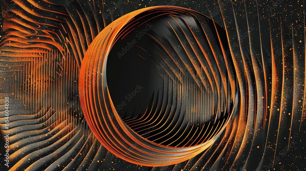 Poster black and orange abstract background featuring a circular object in the center surrounded by golden 