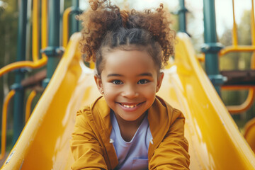 A cute black girl happily slides down a slide on the playground