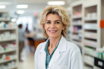 Smiling portrait of a middle aged female pharmacist in pharmacy