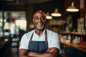 Obraz premium Portrait of a middle aged African American male barista smiling in modern cafe