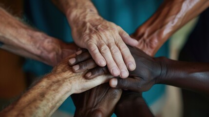 A group of people are holding hands in a circle. The people are of different ages and genders. Concept of unity and togetherness among the group