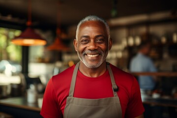 Naklejka premium Portrait of a middle aged African American male barista smiling in modern cafe