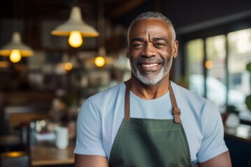 Fototapeta premium Portrait of a middle aged African American male barista smiling in modern cafe