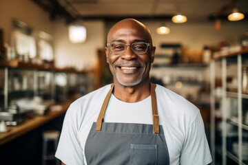 Obraz premium Portrait of a middle aged African American male barista smiling in modern cafe