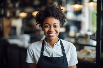 Fototapeta premium Portrait of a smiling young female waitress in restaurant