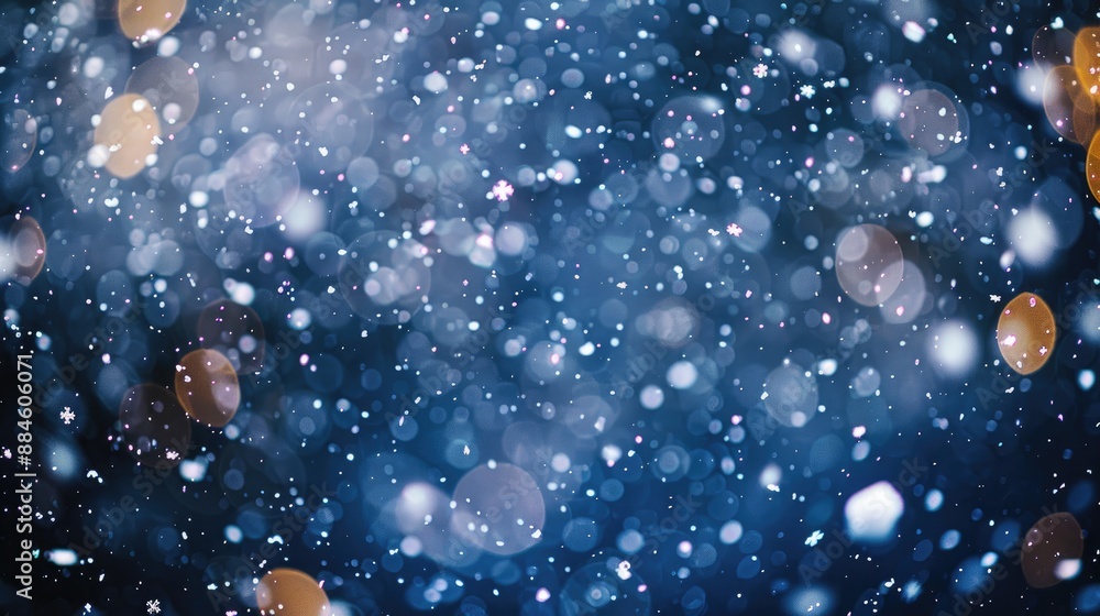 Poster snowstorm texture with bokeh lights on dark background photo of snowflakes floating in the air
