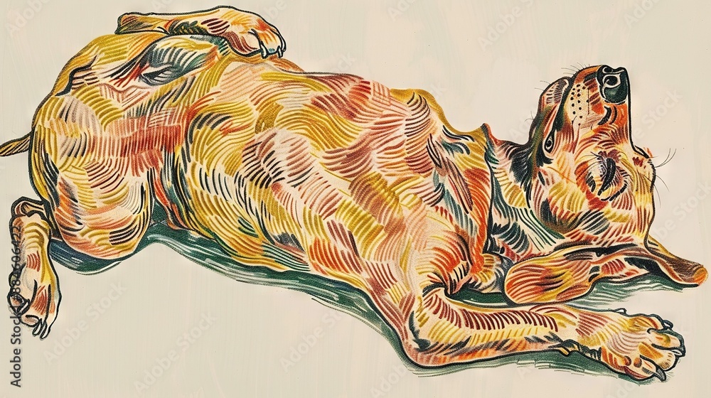 Poster a sketch of a dog lying on its back against a white background with a dark spot on the top of its he