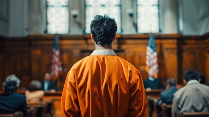 Fototapeta premium A man in an orange jumpsuit stands in front of a judge and jury