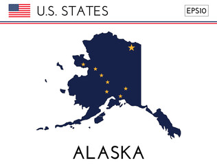 Alaska USA state map shape with flag. Map of Alaska in the Alaska flag colors. Outline map filled with its flag colors. Vector illustration.