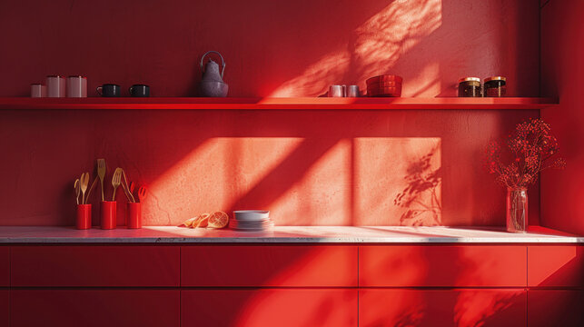 Red kitchen unit with simple utensils on display in a modern, monochromatic red kitchen. A warm sunlight casts over the countertop in the morning.