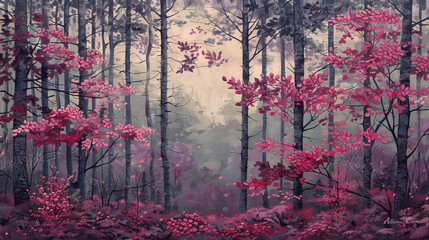 Obraz premium Rich, purple-red foliage decorates the forest, creating a captivating scene against a backdrop of gentle grays.