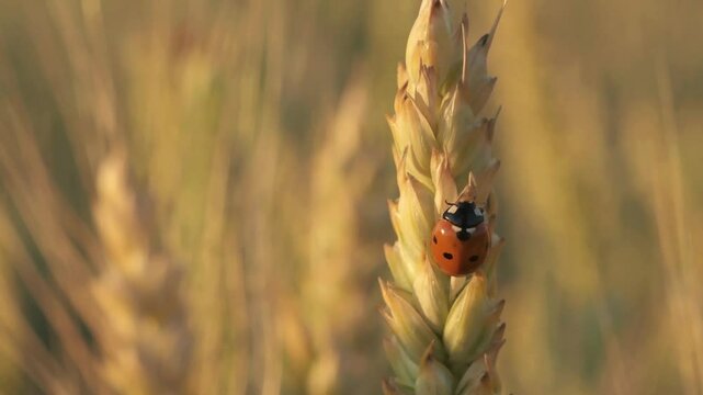 golden wheat ear with ladybug at meadow at sunny evening. macro