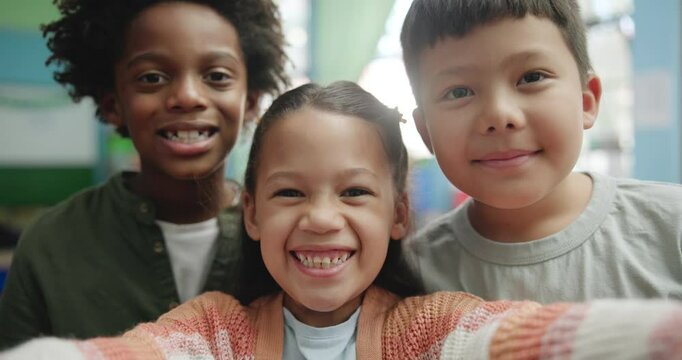 Selfie, face and school children in classroom with smile for development, knowledge or happiness. Diversity, friends and young kids taking picture for social media, photography or education memory