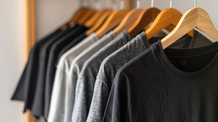 Obraz premium T-shirts in black, gray, and white hang on a wooden hanger in a closet. The background is white, and there is room for text.
