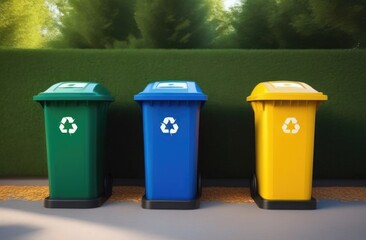 Multi-colored containers for sorting garbage stand in the park.