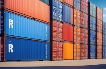 Fototapeta premium Close-up. Warehouse of many colorful shipping containers. Transportation of goods by sea.