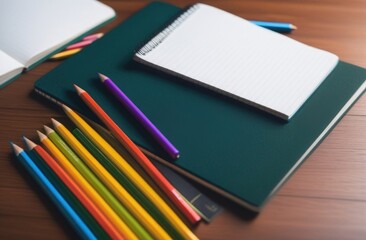 September 1. Top view of a table with a notepad and pencils. School goods