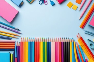 Fototapeta premium Banner with space in the center for an inscription. Top view on a blue background with various school supplies (colored pencils, erasers, slickers).